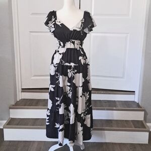 Jusfitsu Flowy Maxi V Neck Beach Dress with Flutter Sleeve Pockets NWT Large